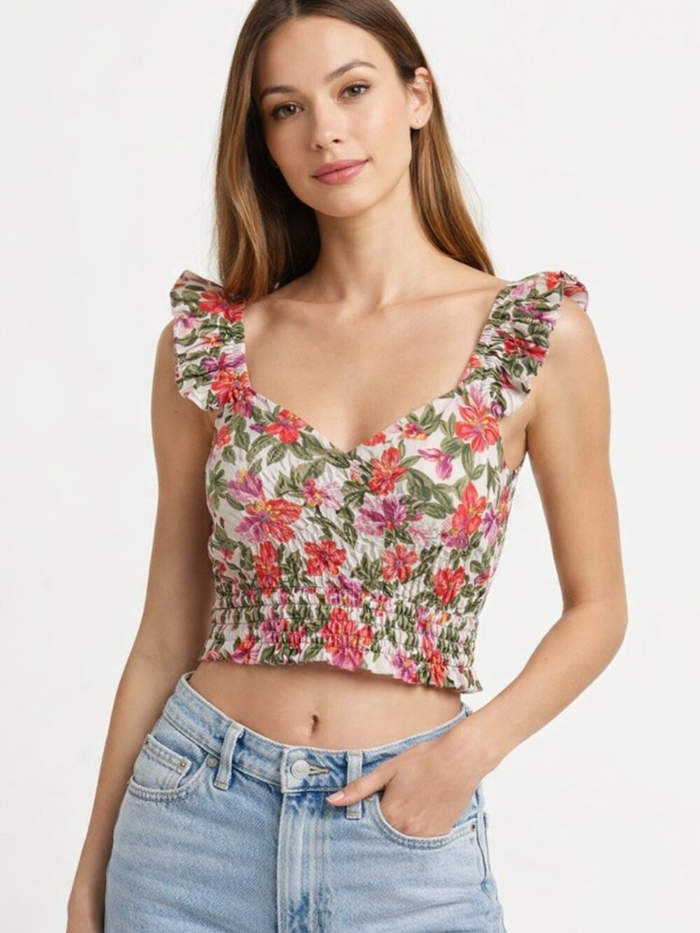 WAYF Floral Crop Top XS Red Hibiscus Smocked Waist Ruffle Sleeves Cute